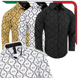 Italian Velvet Floral Stripe Shirt Mens Luxury Logo Slim Fit Stretch Button Up