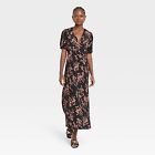 Women's Crepe Short Sleeve Midi Dress - A New Day Black/Brown Floral S