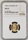 NGC MS 65 | 1902 Russia 5 Rouble Ruble Gold Coin | Better Date Low Mintage