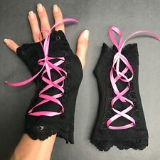 Ladies Lace Up Gloves Pink Arm Warmers Black Corset Cuffs Renaissance Cosplay OS