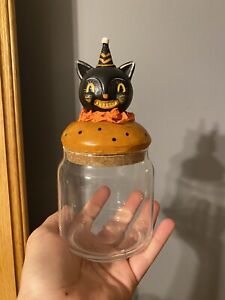 Johanna Parker Pumpkin Peeps Glass Jar Grinning Black Cat Halloween New