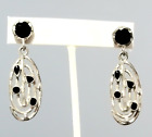 Hammered Silver Tone & Back Long Dangle Pierced Earrings Edgy Modernist Jewelry
