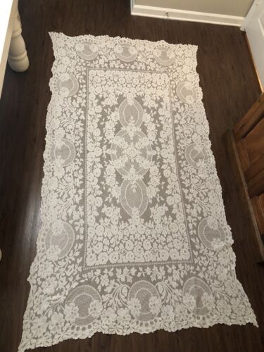 antique handmade Large 100” X 58” tablecloth French Lace Cotton White Lace