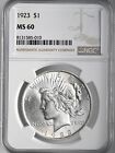 1923-P $1 PEACE SILVER DOLLAR MINT STATE  NGC MS60  #131585-010 FRESHLY GRADED!