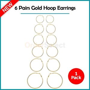 6 Pair Men Women Alloy Gold Plated Earrings Hypoallergenic Hoop Set (6 sizes)