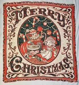 Vintage Merry Christmas Tapestry Blanket, Holiday Woven Throw Blanket