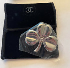 Authentic Chanel Silver Metal Clover Leaf brooch pin in pouch VIP GIFT