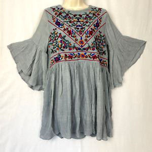 Umgee Top Womens Large Gray Floral Embroidered Bell Sleeve Boho Prairie Babydoll