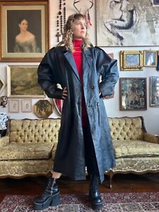 1980s Vintage Black Leather Duster Trench Coat - XXL 2XL 2 Extra Large 80s Vtg