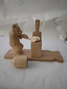 Vintage Handcarved Wooden Bear Cooking Motion Toy Fun Unique Interesting