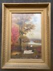 Antique 19th Century Folk Art Oil  Painting on Board Gathering Nuts or Fruit