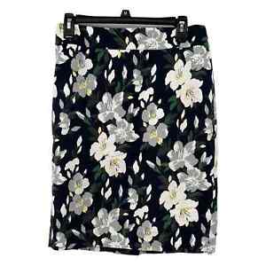 Ann Taylor Skirt Womens 6 Pencil Navy Floral Cotton Stretch Back Zip Knee Length