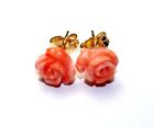 Exquisite Japan  14K GF Angel Skin Red Coral  8-9mm Carved Rose Stud Earrings