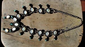 HUGE Old Pawn Navajo Sterling Silver & Turquoise & Shell Squash Blossom Necklace