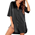 Women's Silk Satin Nightdress Short Sleeve Button-Down Pajama Sleepwear Homewear