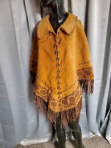 VTG 60s 70s lace up woven fringed Suede Leather Cape Poncho boho hippie cowgirl