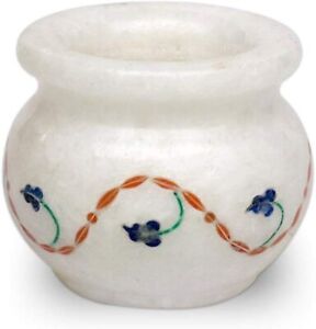 White Marble Flower Pot Antique Pattern Inlay Work Indoor Planter for Office