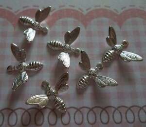 Tiny Silver Bee Charms - Little Pendants Wings Bent in Flight - 13mmX7mm - Qty 5