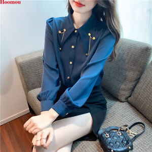 Women Elegant Korean Chiffon Long Sleeve Casual Work Business Blouse Tops Shirts
