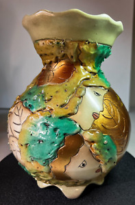 Majolica Face Vase Golden & Green Glaze 10-in x 8-in