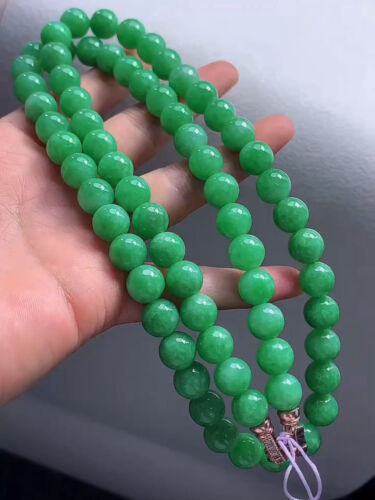 High Quality Icy Emerald Full Green Jadeite Jade 10mm Beads Necklace《Grade A》