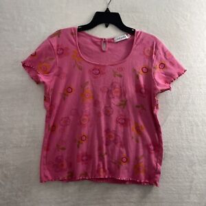 Fresh Produce Blouse Top Womans Large Floral Pink Short Sleeve Round Neck Cotton