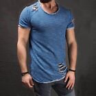 Men's Slim Fit O Neck Short Sleeve Muscle Tops Tee T-shirt Ripped Casual Blouse
