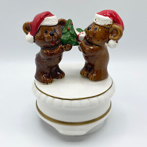 Vintage Music Box Teddy Bears holding a Christmas Tree & Wrapped Gift
