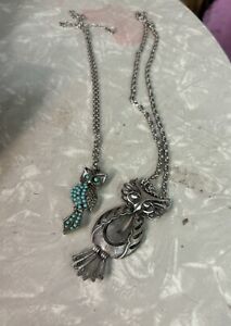 2 Vintage OWL Necklaces 70's Pewter & Silver with Blue Stones