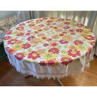 Vintage 70s fringed floral tablecloth, flower power, round, yellow red orange