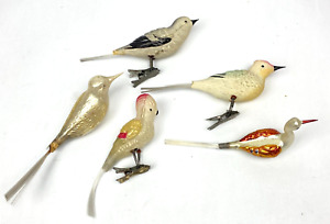 Lot Of 5 Blown Mercury Glass & Mixed Clip On Bird Christmas Ornaments Vintage