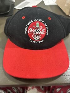 Vintage COCA-COLA SnapBack Hat Olympic Partner 1928-1998 Black W/Red Brim
