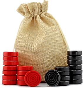 Black & Red Carved Stackable Wooden Checkers (24 Pieces), with Drawstring Bag