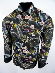 Mens Luxury Shirt Black Colorful Tropical Floral Prints Slim Fit Designer Casual