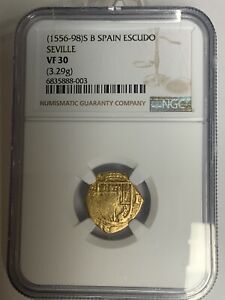 1556-98 S Spain 1 Escudo Gold Cob NGC VF30! 6835888-003
