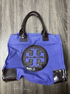 Tory Burch Ella Tote Handbag Travel Large Purple Canvas PVC Brown Shopper Bag
