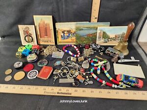 Vintage Junk Drawer Lot Jewelry Coins Toys Postcards Dice Tokens Tins Pins Cuff