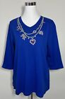 Quacker Factory Size Large Blue Embroidered Embellished Heart 3/4 Sleeve Top NWT