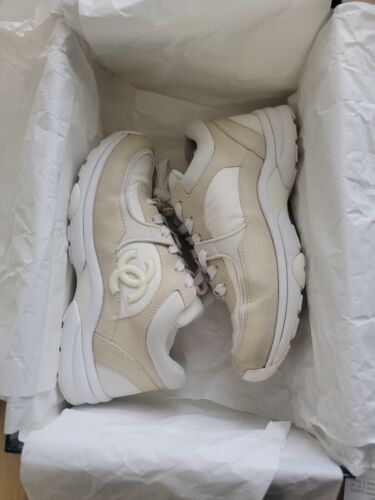 CHANEL Suede Calfskin Fabric CC Sneakers White 36.5