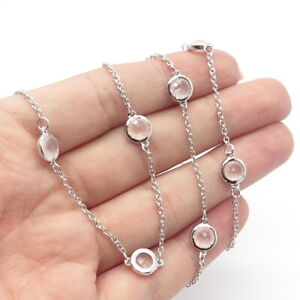 925 Sterling Silver Real Rose Quartz Ball Station Rolo Chain Necklace 18