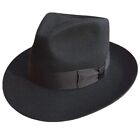Gents Superb BLACK 100% Wool Hand Made Wider Brim Felt Fedora Trilby Hat
