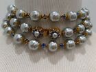 Sign Miriam Haskell Huge Silver Pearls Baroque Blue Rhinestone Necklace Jewelry