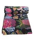 Indian Handmade Floral Print Queen Cotton Kantha Quilt Throw Blanket Bedspread