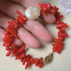 3-10mm Natural Red Coral Chips Irregular Beads White Coin Pearl Bracelet 7.5''