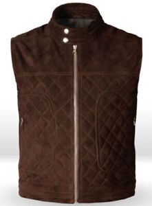 Suede Leather Quilted Puffer Vest for Men Brown Size XS S M L XL XXL 3XL