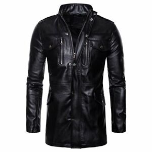 Men's Casual Leather Long Jacket Stand Collar Motorcycle Long Black Leather Coat