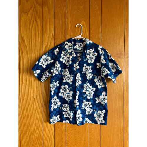 Vintage 1990s Hawaiian Shirt mens large blue and white hibiscus flowers cotton