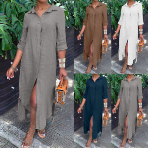 US Women Cotton Linen Buttons Maxi Dress Boho Baggy T Shirt Long Dress Plus Size