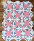 Antique Pink Blue Cotton Hand Pieced Quilted Double Wedding Ring Baby Quilt