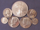 LOT 7 US SILVER COINS 2009 EAGLE SILVER DOLLAR 1964 & 1964 KENNEDY HALF $ ETC